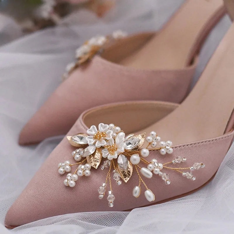 Flytonn-2PCS Bridal Wedding Accessory Removable Pearl Flower Shoe Flower