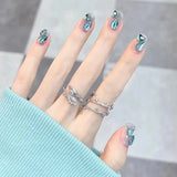 Flytonn- 24pcs/Box Gradient Nail Art Patches False Nails Short Square Nail Blue Starry Glitter Teardrop Diamond Fake Nail Tips