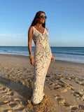 FLYTONN-White Knit Hollow Out V-neck Long Dress Sexy Sleeveless Backless High Waist Robes Female Summer Skinny Elegant Party Beachwear