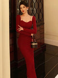 Flytonn-back to school fit nyc outfit Elegant Red Bodycon Midi Dresses for Women Chain Square Collar Long Sleeves Slim Autumn New Fashion Slit Party Dress Prom Robe