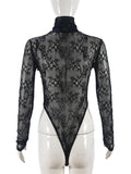 Flytonn Denim Patchwork Lace Bodysuits Women Fashion Turtleneck Long Sleeve See Through Bodycon Tops Sexy Hottie Party Clothes