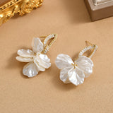 Flytonn-Korean New Fashion Jewelry Gold Color Zircon Acrylic Shell Petal Pendant Earrings Sweet Women's Summer Party Accessories