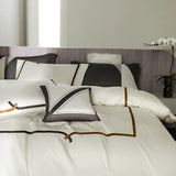 FLYTONN-Chic Design Coffee Embroidery Simplicity Duvet Cover Set 1000TC Egyptian Cotton Premium White Bedding set Bed Sheet Pillowcases