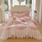 Cifeeo-Three-Dimensional Rose Flowers Lace Ruffles Patchwork Bedding Set, Duvet Cover, Bed Sheet, Pillowcases, Pink, Egyptian Cotton