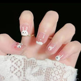 Flytonn- 24pcs/box Press On False Nails Cute Bunny Nail Art Wearable Fake Nails Short Square Nails With Wearing Tools As Gift