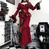 Flytonn-new years eve outfits Christmas party outfits Autumn Red Vintage Dress Women Lace French Retro Elegant Evening Party Dress Female Long Sleeve Chic Midi Dress Halloween 2024