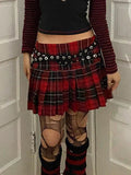 Flytonn Harajuku Y2k Jk Skirt Women Mall Goth Cyber Punk Streetwear Eyelet Patchwork High Waist Red Plaid Pleated Skirt Clubwear