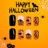 Flytonn-Halloween Nails 24Pcs Short Shiny Square Press on nails Halloween Devil Pumpkin Fake Nail Bat Spider Web Black False Nail for Women&Girl Wear