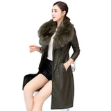 Flytonn-PU Leather Fur Collar Winter Coat Women Solid Adjustable Waist Mid-Length Slim Jacket 2023 New Fashion Lady Casual Warm Outwear