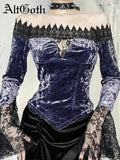 Flytonn Aesthetic Dark Gothic Velvet T-shirt Women Vintage Streetwear Elegant Fairy Lace Patchwork Flare Sleeve Crop Tee Tops