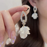 Flytonn-Korean New Fashion Jewelry Gold Color Zircon Acrylic Shell Petal Pendant Earrings Sweet Women's Summer Party Accessories