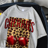 Flytonn-Cherries Cotton T Shirts Women Cherry Leopard Prints Oversized T-Shirts Casual O-Neck Short Sleeve Tops Summer Woman Clothes