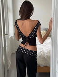 Flytonn-Polka Dot Chiffon Patchwork One Shoulder Tank Top For Women Asymmetrical Slim Backless Tie Back Crop Vest Y2K Streetwear