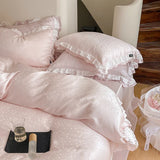 Cifeeo-Pink Natural Lyocell Fibre Soft Silky Princess Bedding Set Jacquard Ruffles Duvet Cover Set Bed Sheet Or Fitted Sheet Pillowcase