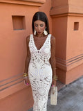 FLYTONN-White Knit Hollow Out V-neck Long Dress Sexy Sleeveless Backless High Waist Robes Female Summer Skinny Elegant Party Beachwear