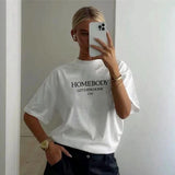 Flytonn-Retro sports style outfit streetwear 90s fashion Let's Go Stay Home Club Letters Printing Women Summer Casual T shirts Short Sleeve Loose Cotton White Tops Ins Fashion Tees