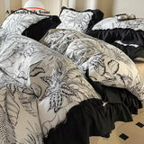 Cifeeo-2/3PC French Vintage Black Ruffles Duvet Cover Set, With Pillowcases, Nordic Luxury Flowers Plant Quilt Cover Set, Bedding Set