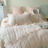 Cifeeo-Pink French Princess Wedding Romantic Pleat Lace Ruffles Bedding Set Soft Cozy Korean Girls Duvet Cover Set Bed Sheet Pillowcase