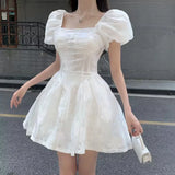 FLYTONN-Elegant Sweet white Dress Summer Woman Retro Square Collar Puff Sleeve Fluffy Dress femem Korean Organza Mini Princess Dress