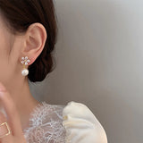 Flytonn-New Design Sweet Rhinestone Flower Stud Earrings for Women Elegant Imitation Pearl Crystal Zircon Earring Korean Party Jewelry