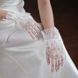 Flytonn-Bride's Wedding Gloves with Double Lace Ribbon