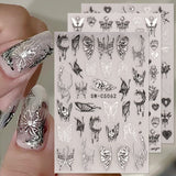 Flytonn Metallic Silver Black Nail Stickers 3D Dark Style Charms Sliders Ink Butterfly Moon Heart Lock Sword Foil Manicure Tips BESW-CS