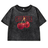 Flytonn-Red Cherries Letter Printed Female T-shirt Fashion Summer Washed Clothing Casual Cotton Crop Top Retro Tee Shirts For Women