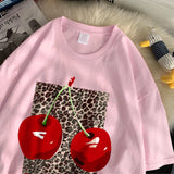 Flytonn-Cherry perfection T Shirt Women Leopard Prints Oversize Cotton T-Shirts Casual O-Neck Short Sleeve Tops Summer Woman Clothes