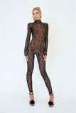 Flytonn Lace Backless Sexy Jumpsuits Women 2025 Fashion Rompers Turtleneck Long Sleeve See Through Nightclub Party Overalls