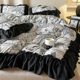 Cifeeo-2/3PC French Vintage Black Ruffles Duvet Cover Set, With Pillowcases, Nordic Luxury Flowers Plant Quilt Cover Set, Bedding Set