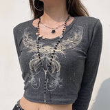 Flytonn-Vintage Wing Print Long Sleeve Tee Gothic Graphic V-neck T-shirt Harajuku Aesthetic Women Crop Top 00s Y2k Fairy Streetwear