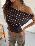 Flytonn-Polka Dot Chiffon Patchwork One Shoulder Tank Top For Women Asymmetrical Slim Backless Tie Back Crop Vest Y2K Streetwear