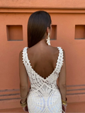 FLYTONN-White Knit Hollow Out V-neck Long Dress Sexy Sleeveless Backless High Waist Robes Female Summer Skinny Elegant Party Beachwear