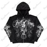 Flytonn-90s streetwear - American retro hoodie fashionable gothic skull print oversized hoodie for women Y2K street hip-hop casual clothes versatile