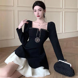 FLYTONN-French Vintage Light Luxury Hepburn-style Mini Lolita Dress Women High-end Sense Autumn New Sweet Spicy Black Dresses Female