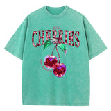 Flytonn-Crystal Cherries Washed T-Shirts Women Cotton Tees Fruit Letter Print Tops Oversize Distressed Short Sleeve Summer Woman Clothes