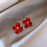 Flytonn-S925 Silver Needle Senior Red Petals Net Red Temperament Cute Small Flower Earrings Female Jewelry Earings Fashion Jewelry