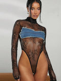 Flytonn Denim Patchwork Lace Bodysuits Women Fashion Turtleneck Long Sleeve See Through Bodycon Tops Sexy Hottie Party Clothes