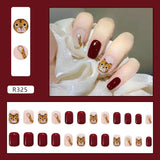 Flytonn- 24Pcs Short Square False Nail With Sticker Cute Tiger Wearable Artificial Fake Nails DIY Full Cover Tips Manicure Tool