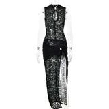 Sibybo Black Lace Long Dress For Women Sleeveless Hollow Out High Slit Bodycon Evening Dresses Sexy Slim Party Vestidos