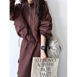 Flytonn-Fall Outfits Women Outwear Streetwear -Women Y2k Crop Jacket Drawstring Cargo Midi Skirt Two-piece Outdoor Sports Set Burgundy Green Black