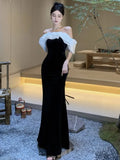 Flytonn-Sexy Bodycon Black Velvet Evening Party Dress Slash Neck Slim Mermaid Long Dresses for Women Prom Robe Wedding Vestidos Mujer