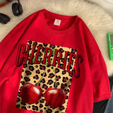 Flytonn-Cherries Cotton T Shirts Women Cherry Leopard Prints Oversized T-Shirts Casual O-Neck Short Sleeve Tops Summer Woman Clothes