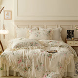 Cifeeo-Pure Cotton Vintage French Pastoral Country Flowers Print Double layer Lace Ruffles Bedding Set Duvet Cover Bed Skirt Pillowcase