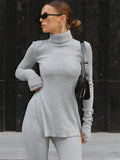 Flytonn Female Autumn 2 Piece-Set Flared Trousers Female Slim Long Sleeve Turtleneck Pullover And High Waist Women's Pants Sets