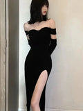 Flytonn-Autumn Sexy Black Knitted Dresses for Women High Split Off Shoulder Female Club Party Dress Y2K Bodycon Harajuku Vestidos New