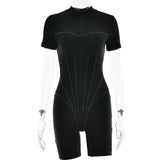 Sibybo Women Jumpsuit Rompers Autumn Tight Short Sleeve Zipper Bodycon Playsuit Street Sexy Femme Black Sport Fitness Playsuit