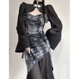FLYTONN-Summer Dresses for women 2023 Vintage Black 2 Piece Dress Set Women Y2k Crop Tops Even Party Strap Midi Dress Slim Fashion Suit