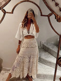 FLYTONN-Fashion Vintage Hollow Out Spliced Half Skirt Elegant Women High Waist Loose Lace Up Long Skirt Fashion Female Casual Streetwear