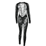 Flytonn Sexy Pearl Chains Backless Jumpsuits Women Lace See Through Long Sleeve Bodycon Party Clubwear Rompers One Piece Overalls